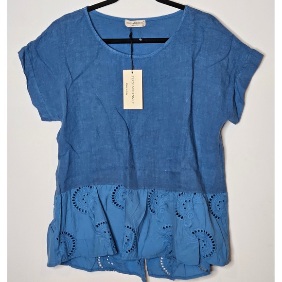 Terzo Millennio Tops - Terzo Millennio NEW Italy‎ Denim Blue Linen Cotton Eyelet Ruffle Top Women Small